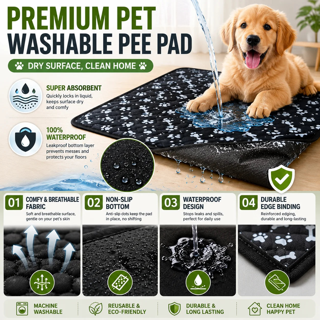 Reusable Waterproof Pee Pad – Washable Training Mat for Dogs & Cats