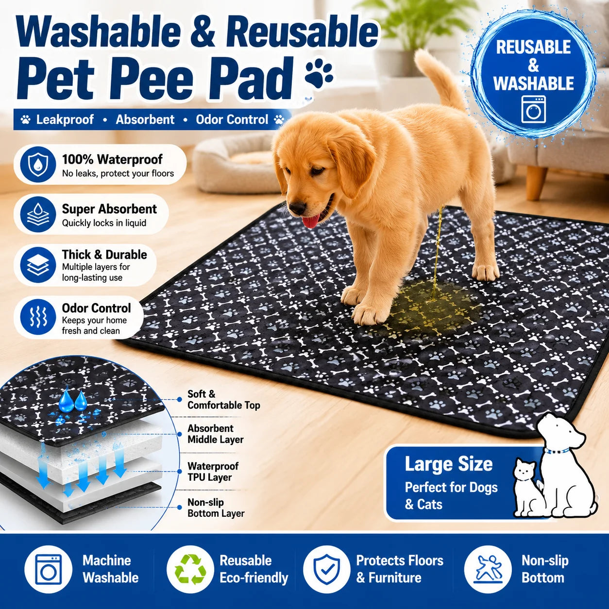 Reusable Waterproof Pee Pad – Washable Training Mat for Dogs & Cats